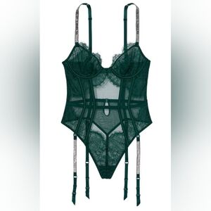 S M Victoria's Secret Shine Strap Lace Teddy Dark Green